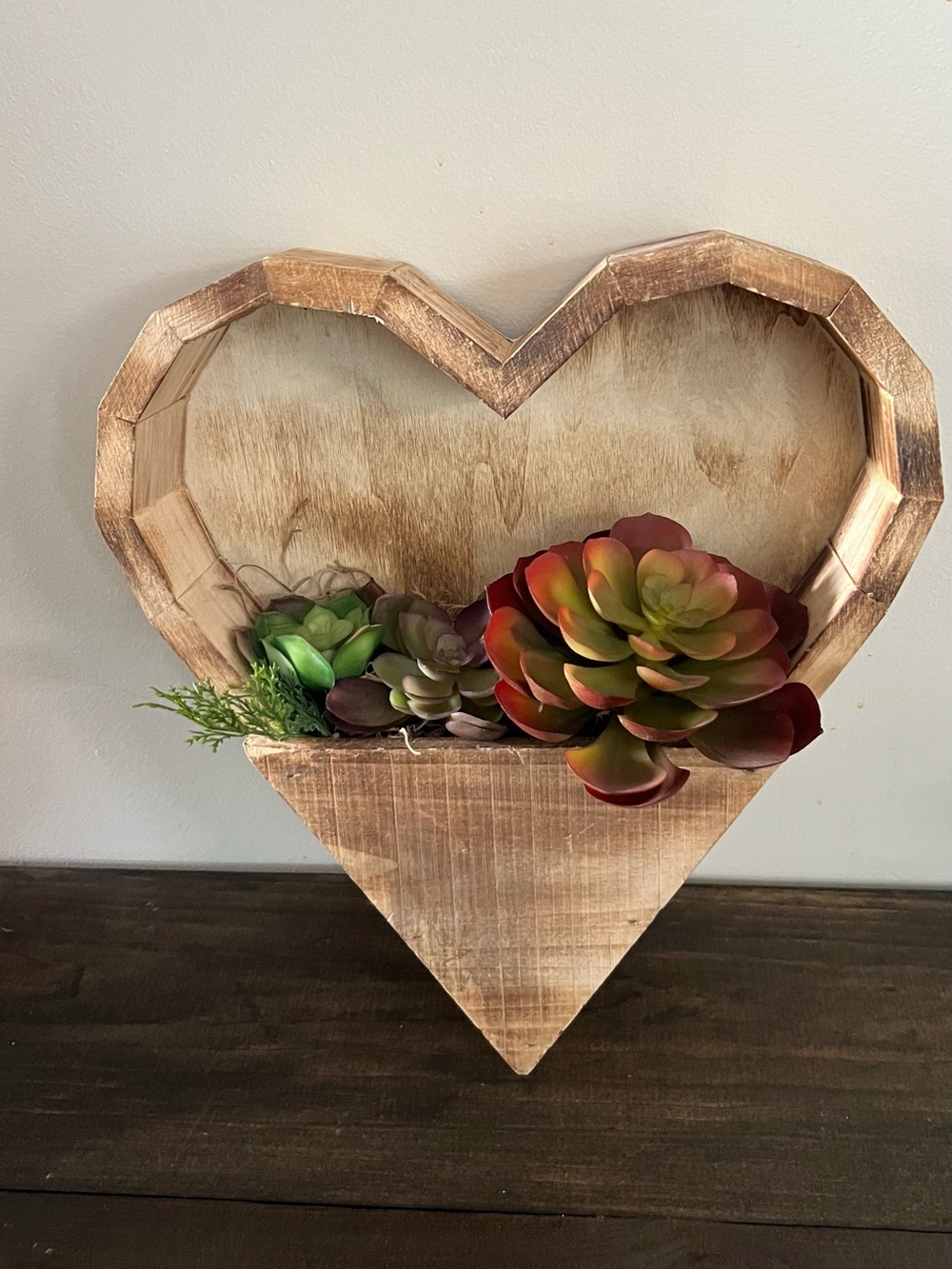 Rustic Wooden Heart Wall Planter with Faux Succulents – Farmhouse/Boho Decor